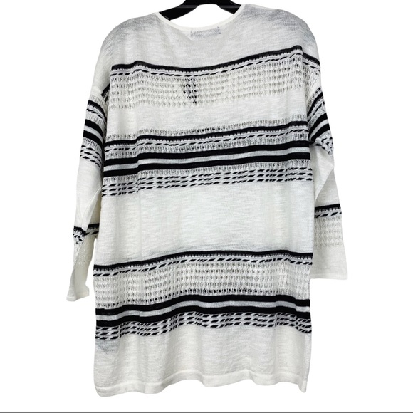 August Silk Black White Striped V Neck Fringe Semi Sheer Pullover Sweater Medium - Picture 3 of 15